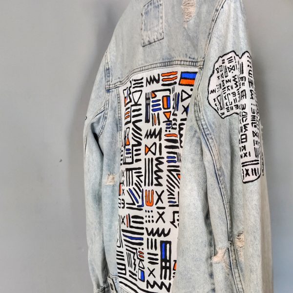 Hand-painted African pattern light blue Denim Jacket