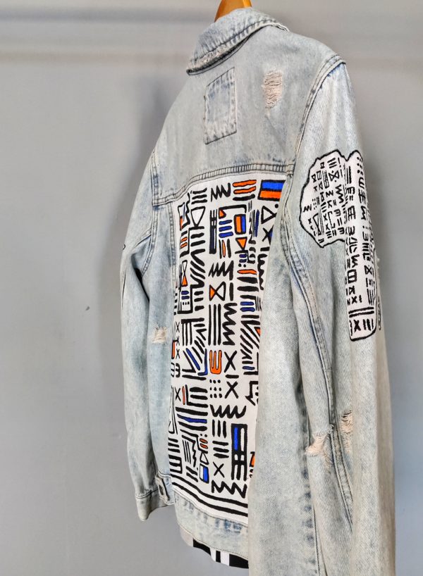Hand-painted African pattern light blue Denim Jacket